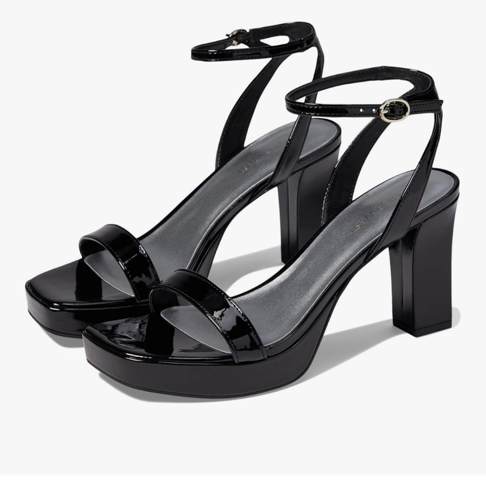 Nine west black platform patent sandals ankle strap sz 9.5 m